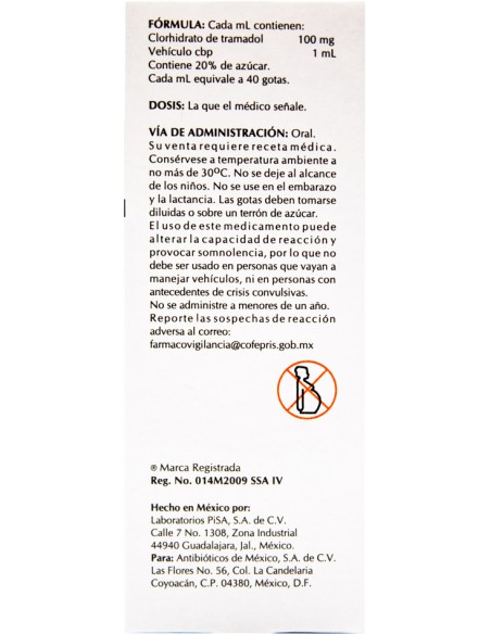Tramadol Sol. Oral 100 mg / mL Frasco gotero con 10 mL (Amsa)