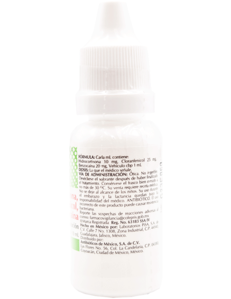 Hidrocortisona, Cloranfenicol, Benzocaína Sol. Ótica Frasco gotero con 10 mL