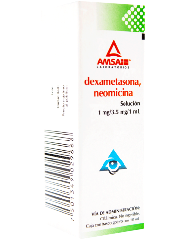 Dexametasona, Neomicina Sol. Oftálmica 1mg/ 3.5 mg/ 1mL. Frasco gotero de 10 mL. (Amsa)