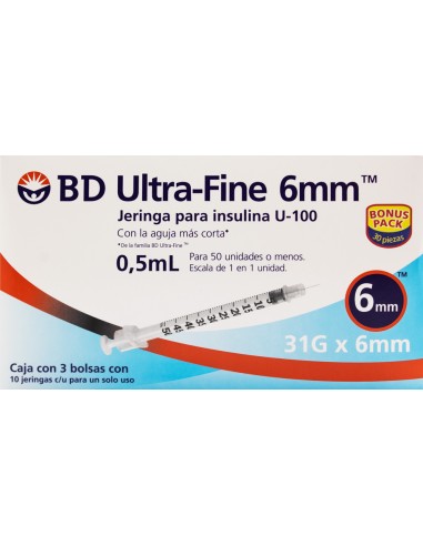Jeringa Insulina BD 0.5mL 31Gx6mm C/30
