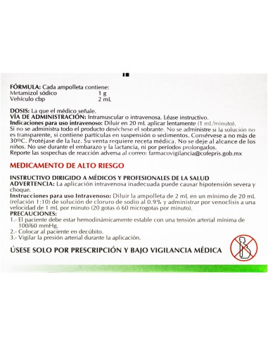 Metamizol sódico Sol. Iny. 1 g/ 2 mL Amp. C/3...