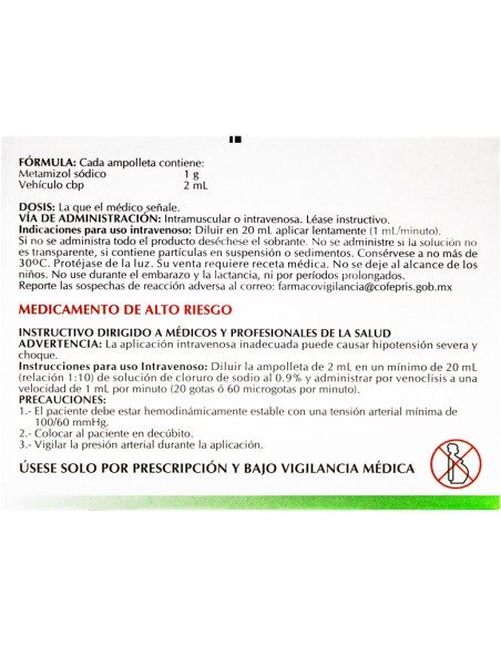 Metamizol sódico Sol. Iny. 1 g/ 2 mL Amp. C/3 (Amsa)